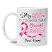 My God Is Stronger Than Breast Cancer Mug, Personalized Christian Support Faith White Coffee Mug, Custom Pink Ribbon Cup for Women Mom Wife Daughter, Inspirational Encouragement Ceramic Cup 11oz 15oz