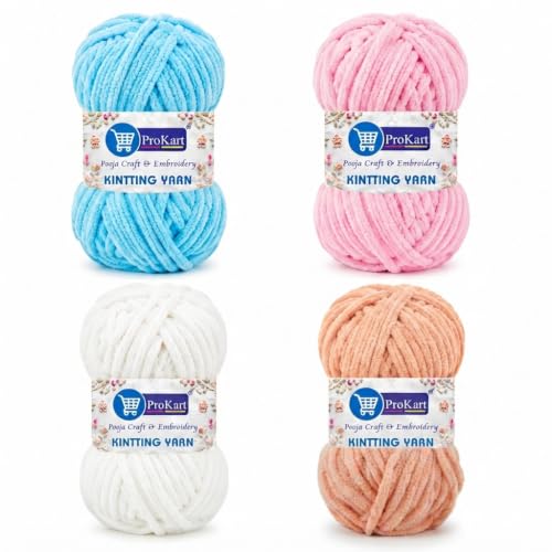 Image of ProKart - Blankie Plush & Cuddly Chenille Yarn for Knitting & Crochet | Super Soft Velvet Pastel Yarn for Blankets, Baby Toys & DIY Crafts | 100g, Pack of 4 (Light Blue, Baby Pink, White, Peach)