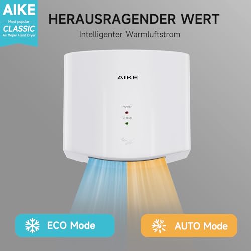 AIKE Air Wiper Kompakt Händetrockner, Hochgeschwindigkeit, 1400W 220V, Stecken & Loslegen, Papierlos & Berührungslos für Öffentliche Toiletten, AK2630S (Weiß)
