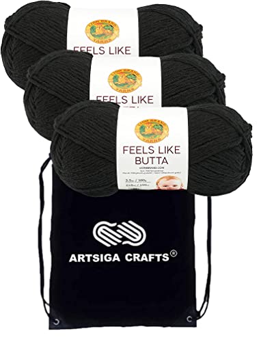 Lion Brand Feels Like Butta Black 215-153 (3-Skeins - Same Dye Lot) Worsted Medium #4 Polyester Yarn for Crocheting and Knitting with Project Bag