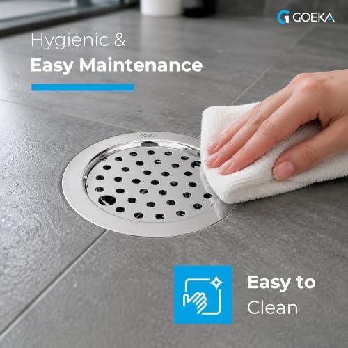 Image of GOEKA Floor Drain Jali 5 Inch | 304 Grade Stainless Steel Bathroom Grating with Chrome Finish | Open Area Kitchen Sink & Wash Basin Waste Water Drainer with Cockroach Trap - Pack of 2