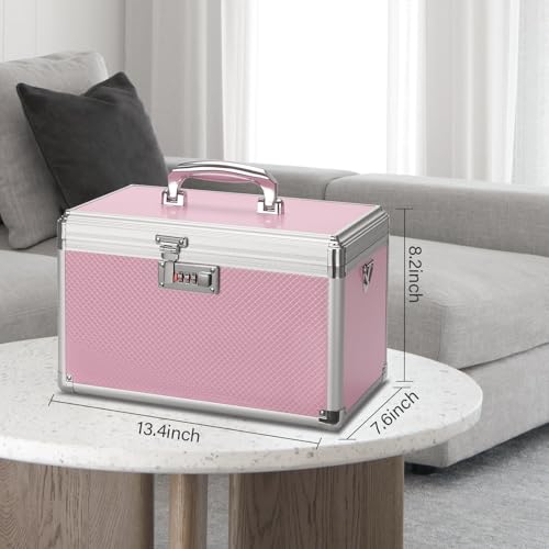 Image of Lock Box for Medication - 13.4 x 7.6 x 8.2 Inch Medicine Organizer Case with Combination Lock, First Aid Kit Empty, Lockbox with Code, Portable Storage Box for Home School Bussiness, Pink