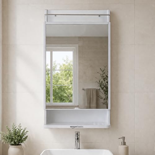 Image of Amazon Basics CleanLook Premium Wall Mounted Plastic Bathroom Mirror Cabinet with Storage, Multipurpose Organizer for Toiletries & Essentials, White