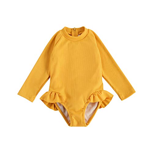 Karuedoo Baby Girls One Piece Swimsuit Zip Rash Guard Swimwear Ruffled Long Sleeve Bathing Suit (A-Yellow, 2-3T)