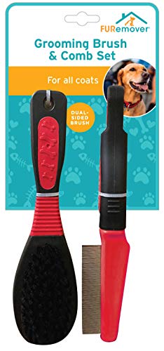 FURemover Grooming Brush & Comb Set, Suitable for All Coats, Includes One Flea Comb and One Dual-Sided Brush with Soft…