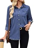 Denim Button Down Shirt Women Casual Long Sleeve Jean Collared Chambray Shirt Blouse Tops with Pockets