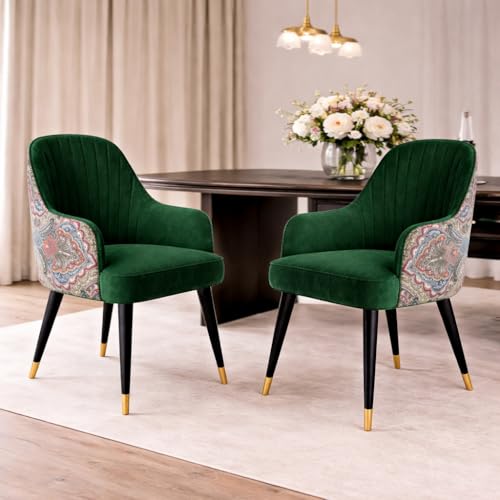 Image of Velvet Accent Chair | Modern Upholstered Dining Chair for Living Room, Office, Lounge & Vanity | Sturdy & Stylish Armchair (Floral, Green)