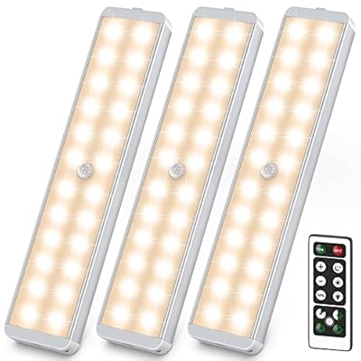 LED Closet Light, 24-LED Dimmer Rechargeable Motion Sensor Under Cabinet Lighting Wireless Stick-Anywhere Night Light with Remote for Wardrobe,Kitchen (3 Pcs)