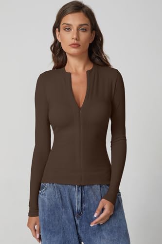 QINSEN Long Sleeve Shirts for Women Crewneck Half Zipper Ribbed Knit Going Out Tops Full Length Basic Tee4