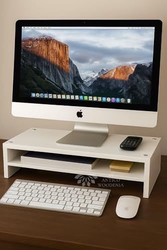Image of Wooden Monitor Stand with Storage Organizer For Desk, Tables, Office, Home, Studio, Study Table | Desktop Ergonomic Monitor Stand Riser (White, Large)