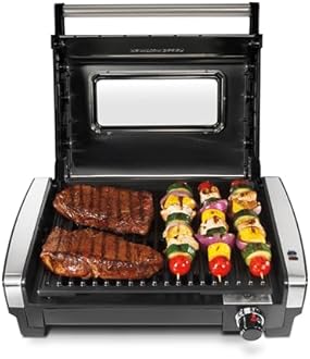 Hamilton Beach Electric Indoor Searing Grill with Viewing Window & Adjustable Temperature Control to 450F, 118 sq. in. Surface Serves 6, PFAS-Free Removable Nonstick Grate, Stainless Steel