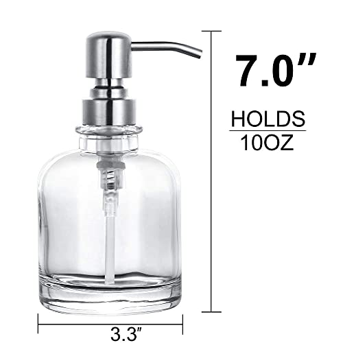 2 Pcs Thick Clear Glass Hand Soap Dispenser Bathroom With Silver Stainless Steel Pump, 12Oz Clear Boston Round Bottle Dispenser With Pump For Kitchen Dish #TOP1