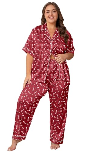 Image of Vozanet Women's Button Down Satin Pajama Sets Silky Short Sleeve Top & Pants Plus Size Loungewear Classic Sleepwear XL to 5XL