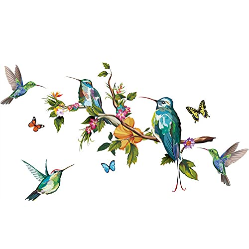 Watercolor Bird on Tree Branch Wall Sticker,Flower Hummingbirds Butterfly Wall Decal Decor,Removable DIY Flying Bird Art Murals Paper for Nursery Bedroom Living Room Office Bathroom Home-B Decoration