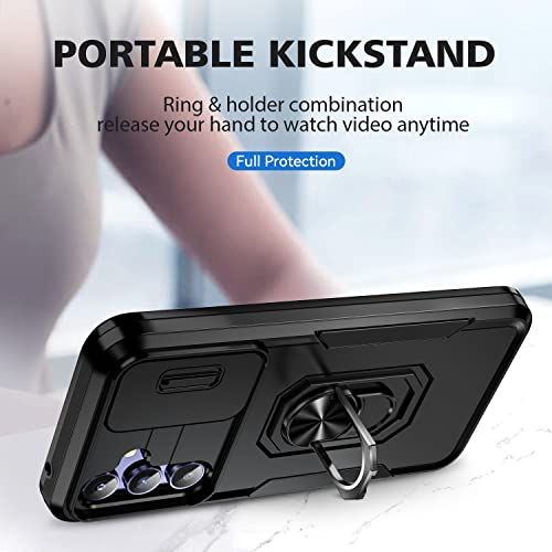 Image of ShieldTech Back Cover Case Compatible for Samsung Galaxy A14 5G with Slide Camera Cover & Rotated Ring Stand | Military Grade Mobile Phone Cover Case for Samsung Galaxy A14 5G (Black)
