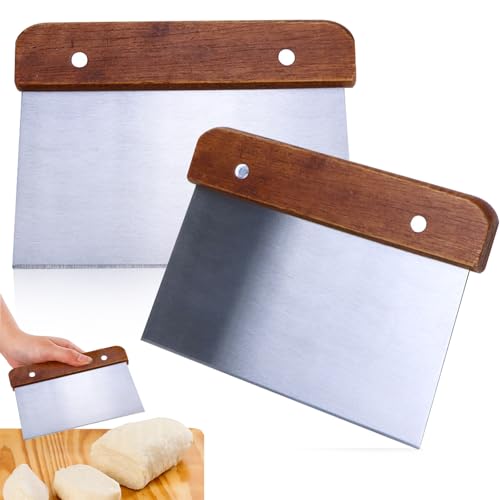 2 Stück Teigschaber Edelstahl, Teigkarte mit Holzgriff Dough Scraper Küche Teigschneider Teigspachtel zum Schneiden von Teig Pizza Nougat Kuchen DIY Backschaber