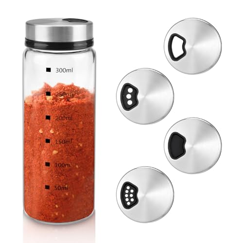 SNOMEL 10 Oz Salt and Pepper Shakers with Adjustable Pour Holes, Glass Seasoning Shaker Bottle with Stainless Steel Lid & Scale, Clear Salt Dispenser Container for Kitchen Restaurant Cooking
