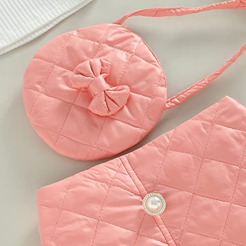 Toddler Baby Girl Clothes Set Ribbed Knitted Tops T-Shirtirrgular Hem Short Skirts Outfits With Shoulder Bag (Z# 3Pcs - White Pink, 1-2 Years) #TOP3