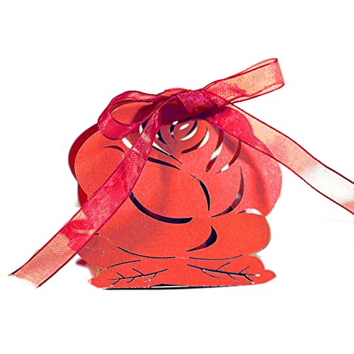 GIVBRO Lot de 50 boîtes à dragées en forme de rose avec rubans pour la maison, les fêtes, rouge