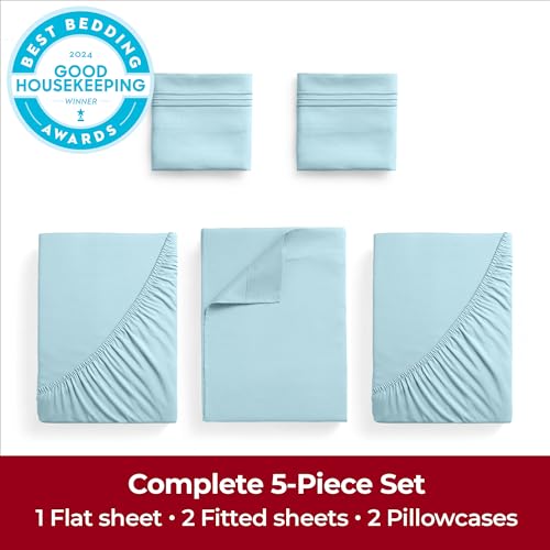 Image of Mellanni Extra Deep Split King Sheets - 5 PC Iconic Collection Bedding | Hotel Luxury, Ultra Soft, Cooling Bed Sheets - Wrinkle, Fade, Stain Resistant (Split King, Aqua)