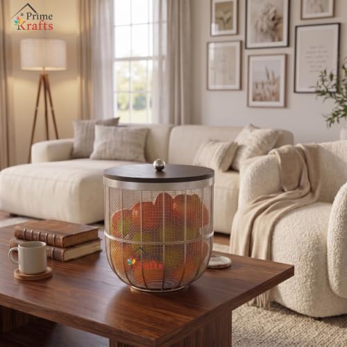 Image of Decorative Net (Jaali) Design Fruit and Vegetables Basket with Natural Wooden Lid | Premium Insect Resistant Storage Organizer for Home and Kitchen - Silver