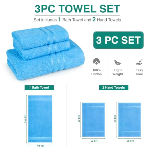 Image of MYTRIDENT Towel Set| Comfort Living | Quick Drying | Travel Friendly | for Men /Women | 3 PC Towel Set | 1 Bath (70 cm x 140 cm) 2 Hand (40 cm x 60 cm) | 100% Cotton 400 GSM - Ocean Blue