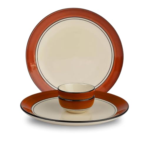 Image of Freakway Glossy Finish Brown and White Handcrafted Dinner Set Ceramic Stoneware Dinner Set of 4 Pieces | 2 Dinner Plates & 2 Serving Bowl | Dishwasher & Microwave Safe - Multicolor