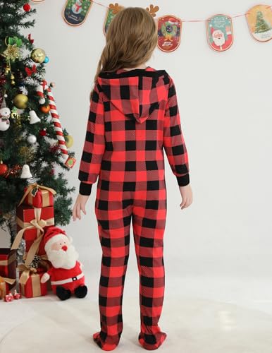Image of Veseacky Family Christmas Pajamas Matching Sets Adult Onesie Zipper Hooded Footed One-Piece Pjs Jumpsuits
