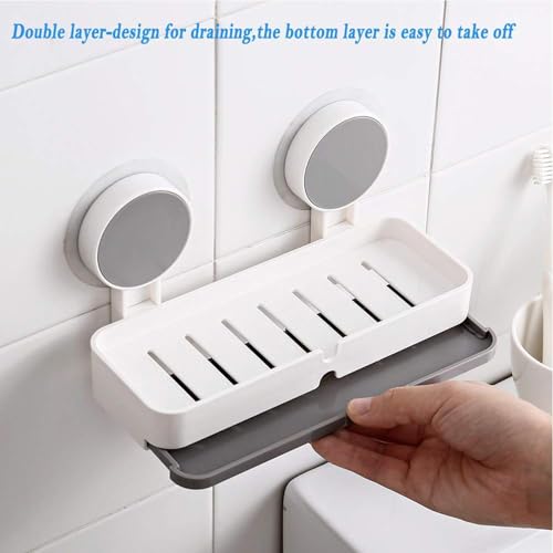 Image of Plastic Wall Mounted Double Layers Soap Dish Saver with Drain Tray, Adhesive Sponge Holder No-Drilling Soap Holder for Shower Bathroom Kitchen - Multicolour (Grey & White)