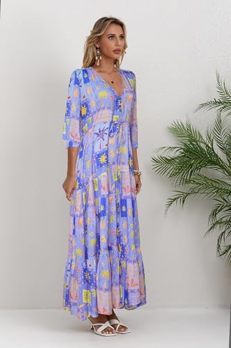 Image of Women Short Sleeve V Neck Floral Print Casual Bohemian Maxi Dresses