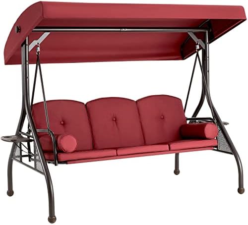 HOMREST 3 Seat Outdoor Porch Swing,Adjustable Canopy Porch Swings,Outdoor Swing with Stand, Patio Glider Chair with Thicken Cushions,Pillow & Cup Hold