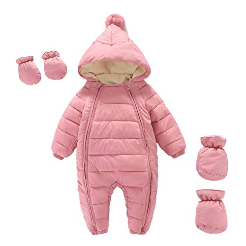 ExlinAlesha Baby Snowsuits Winter Fleece Outerwear Rompers Hooded Jackets with Gloves and Shoes (Pink, 6-12 Months)