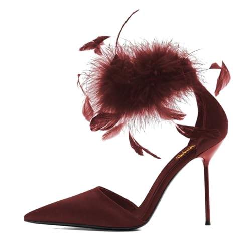 XYD Women Feather Ankle Strap D'Orsay Pumps Back Zip Sexy High Heels Pointed Toe Stylish Evening Club Shoes2
