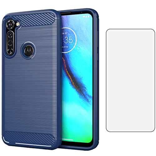Asuwish Compatible with Moto G Stylus 2020 MotoG Pro Case and Tempered Glass Screen Protector Cell Accessories Phone Covers for Motorola GStylus Stylo XT2043-4 XT2043 Women Men Carbon Fiber Navy Blue