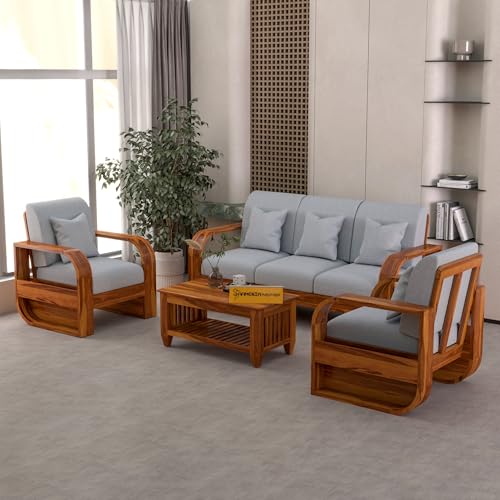 Image of Solid Sheesham Wooden 5 Seater Sofa Set Without Coffee Table with Grey Cushion for Living Room Furniture - Honey Finish (3+1+1)