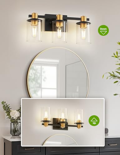 Image of L LOHAS LED Black and Gold Vanity Light, Modern 3-Light Bathroom Light Fixtures with Clear Glass Shade, Vanity Lights for Bathroom Mirror Bedroom Hallway