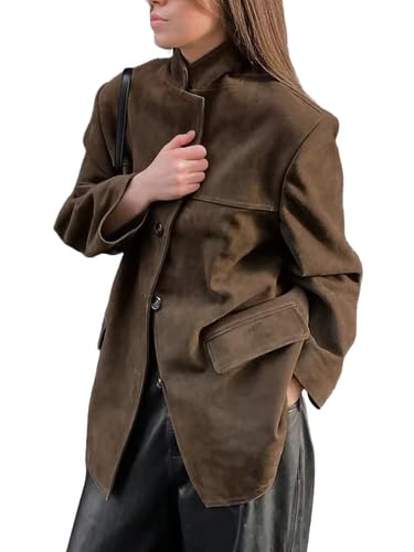 Vintage Suede Brown Blazer Jackets for Women - Oversized Fall Winter Outerwear3