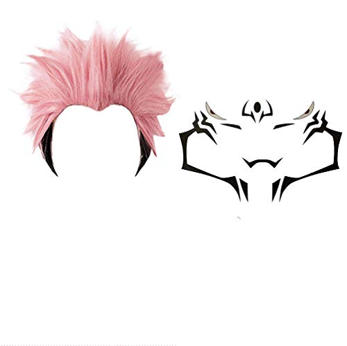 GZIRUE Pink Black Short Hair Party Halloween Yuji Itadori Ryomen Sukuna Wig Cosplay Anime Costume Men with Temporary Tattoos Sticker Props Accessories
