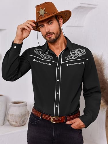 Runcati Mens Western Cowboy Shirt Button Down Long Sleeve Embroidered Casual Slim Fit Vintage Dress Shirts3