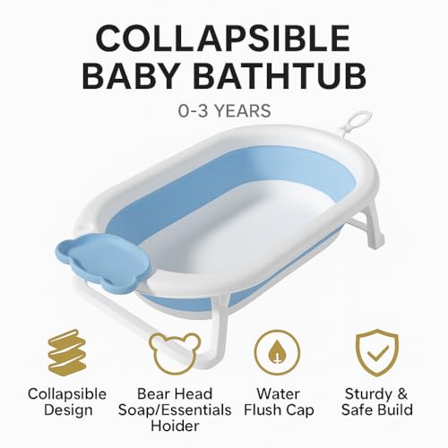 Image of Foldable Baby Bathtub for 0-3 Years | Collapsible Portable Bath Tub with Soap Holder & Drain Plug | Non-Slip Legs, Heat Retention Design, BPA-Free Safe Material (Blue)