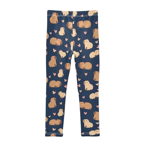 Cartoon Capybara with Hearts Navy Girls Leggings Soft Comfortable Athletic Leggings Dancing Pants for 4-10 Years2