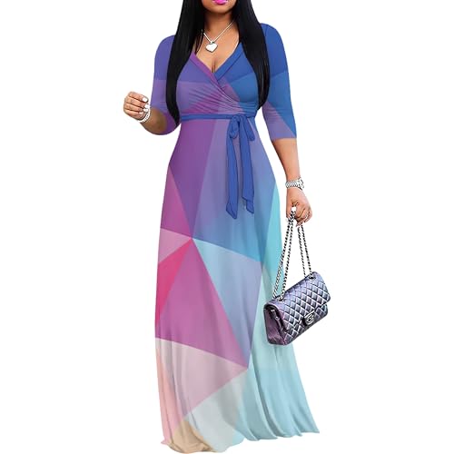 Image of PinkPatty Women's Print Maxi Dresses 3 /4 Sleeve Flowy Long Dress V Neck Wrap Tie Waist Sundress
