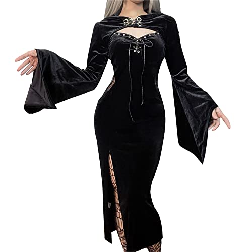 Robe asymétrique de sorcière sexy rouge dotée d'une grande capuche