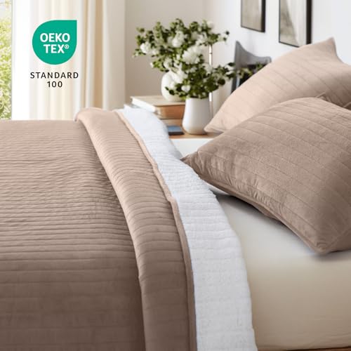 KASENTEX Plush Poly Velvet Lavish Design Quilt Set with Reversible Fleece Micromink Sherpa - Luxurious Bedding Soft & Warm Comforter Machine Washable Comforter (Taupe Brown, King + 2 Shams) - Image 6