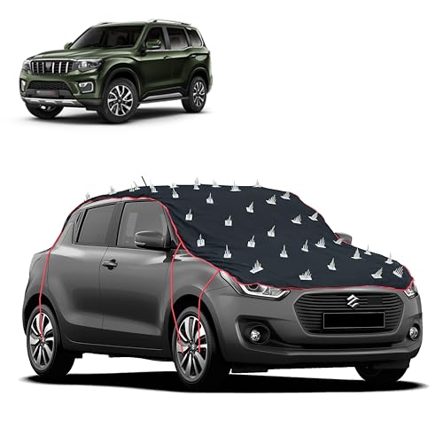 Image of Dog Protection Spike Car Cover for Mahindra Scorpio N Bonnet to Roof Easy Installation with 4 Elastic Hook Strap | Anti-Scratch Soft Cotton Inner | Complete Protection from Street Dogs & Monkeys
