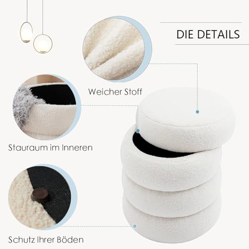 Zedelmaier Runder Teddy Hocker mit Stauraum - Sitzhocker, Schminktisch & Aufbewahrungshocker für Wohnzimmer, Schlafzimmer & Kinderzimmer (Weiß) – Bild 5