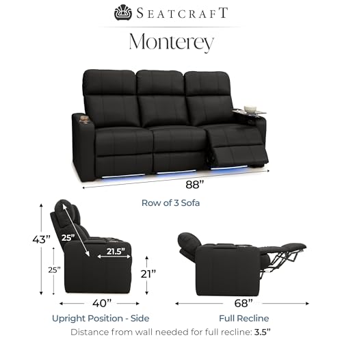 Image of Seatcraft Monterey Home Theater Seating Black Row of 3 Sofa | Italian Leather, Wall Hugger, Zero Gravity, Powered Headrest, Power Recline, Zero Gap, USB charging