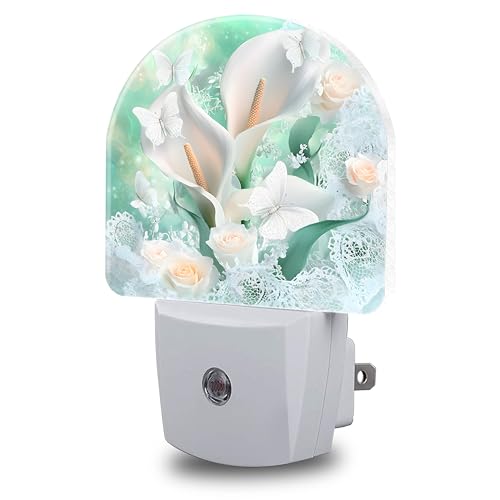 Image of Night Light, White Calla Lilies Bouquet with Butterfly Night Lights Plug into Wall Dusk to Dawn Sensor Round Nightlight for Women Men Energy Efficient Led Lamp 0.5W for Stairway Hallway Bedroom