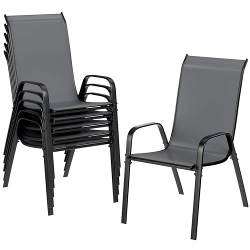 LIFERUN Lot de 6 chaises de jardin empilables à dossier haut - Structure en acier textilène - Pour jardins, cours, balcons, restaurants - Charge maximale :...