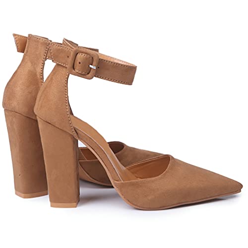 KOKOMOMO Womens Faux Suede Pointed Toe Block Heel Ankle Strap Pumps4